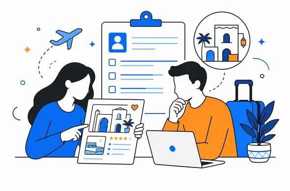 Flat semi-flat vector illustration, clean modern tech feel, abstract faceless travelers reviewing Airbnb accommodation details for a Morocco visa form, calm organized atmosphere, minimal background, Aid-Air palette