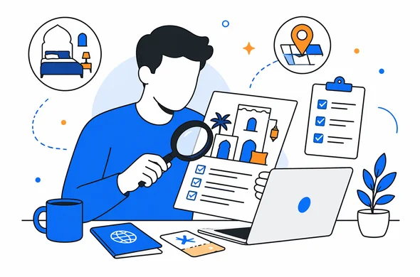 Flat semi-flat vector illustration, clean modern tech feel, abstract faceless person checking private riad booking details and address consistency for travel paperwork, calm organized atmosphere, minimal background, Aid-Air palette