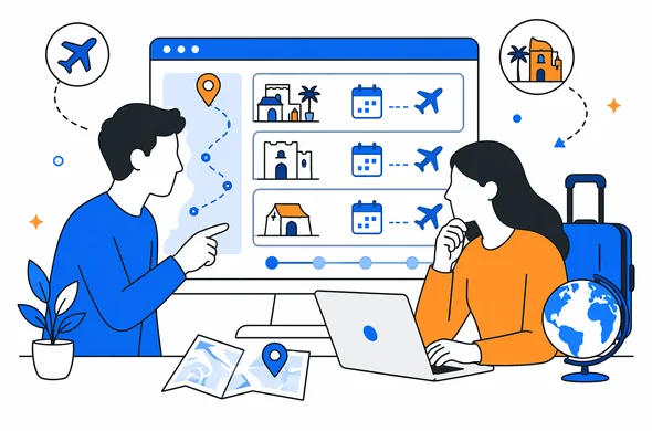 Flat semi-flat vector illustration, clean modern tech feel, abstract faceless travelers organizing a multi-stop Morocco itinerary with accommodation and flights on a tidy dashboard, calm organized atmosphere, minimal background, Aid-Air palette