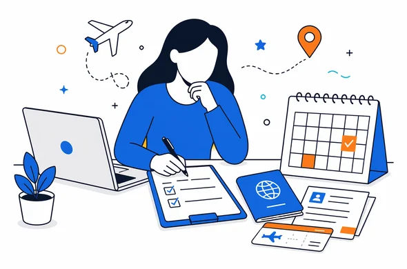 flat semi-flat vector illustration, calm organized travel planning desk, passport documents checklist calendar laptop, faceless abstract characters, clean modern tech feel, minimal background, Aid-Air color palette