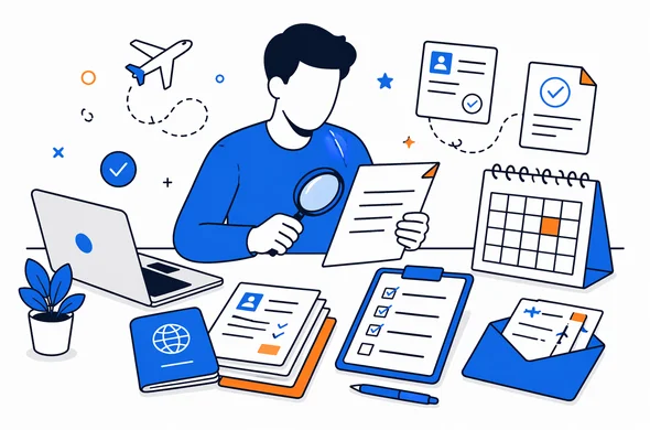 flat vector illustration of organized visa document review, calendar planning, travel confirmations and checklist, faceless abstract characters, calm modern tech aesthetic, minimal background, Aid-Air palette
